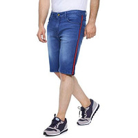 Campus Sutra Men's Blue Denim Shorts Solid Regular Fit For Casual Wear, Cotton Blend Fabric, Stretchable, Buttoned, Mid-Rise Shorts Crafted With Comfort Fit For Everyday Wear
