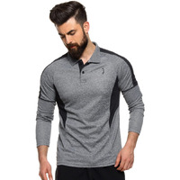 Campus Sutra Men's Grey Colorblocked Polo Neck Full Sleeve Regular Fit T-Shirt For Active Wear | T-Shirt Crafted With Comfort Fit And High-Performance For Everyday Casual Wear