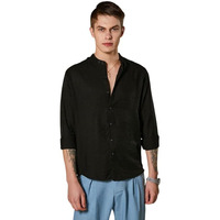 Campus Sutra Men's Obsidian Black Breezy Mandarin Shirt For Casual Wear | Mandarin Collar | Long Cuffed Sleeves | Button Closure | Shirt Crafted With Comfort Fit For Everyday Wear