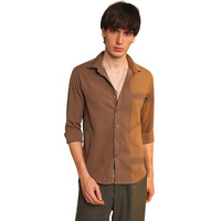 Campus Sutra Men's Ash Brown Veined-Textured Shirt | Casual Wear | Spread Collar | Long Sleeve | Button Closure | Shirt Crafted With Comfort Fit For Everyday Wear