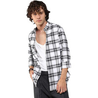 Campus Sutra Men's Chalk White & Midnight Black Brushed Buffalo Check Shirtfor Casual Wear | Spread Collar | Long Sleeve | Button Closure | Shirt Crafted With Comfort Fit For Everyday Wear