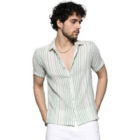 Campus Sutra Men's White & Green Unbalanced Striped Woven Shirt For Casual Wear | Spread Collar | Short Sleeve | Button Closure | Cotton Shirt Crafted With Comfort Fit For Everyday Wear