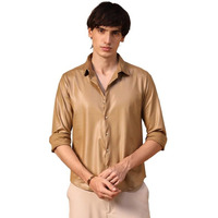 Campus Sutra Men's Camel Brown Solid Suede Shirt For Casual Wear | Spread Collar | Long Sleeve | Button Closure | Shirt Crafted With Comfort Fit For Everyday Wear