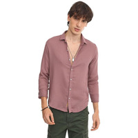 Campus Sutra Men's Nude Pink Woven-Textured Shirt For Casual Wear | Spread Collar | Long Sleeve | Button Closure | Shirt Crafted With Comfort Fit For Everyday Wear