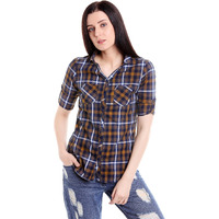Campus Sutra Women's Cotton Casual Shirt (Az17Shrt_Chk1_W_Pln_Brbu_Az_M, Brown & Blue, Medium)