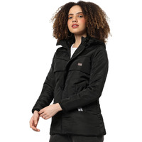 Campus Sutra Women Black Hooded Puffer Regular Fit Bomber Jacket For Winter Wear | Standing Collar | Full Sleeve | Zipper | Casual Jacket For Woman & Girl | Western Stylish Jacket For Women