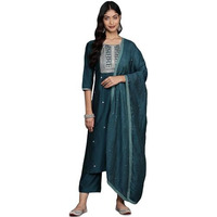 Libas Gerua Womens Yoke Design Silk Blend Straight Kurta With Trousers And Dupatta