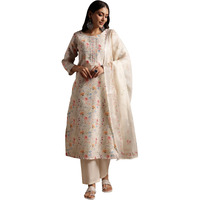 Libas Womens Printed Cotton Straight Kurta With Trousers And Dupatta