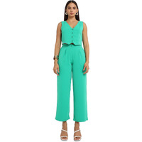 Campus Sutra Women's Aqua Green Chic Vest Co-Ord Set For Casual Wear | Sleeveless | Polyester Fabric | V Neck Clothing Set Crafted With Comfort Fit For Everyday Wear (Size:M)