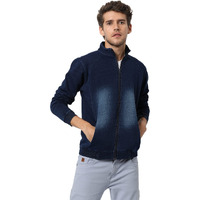Campus Sutra Men's Dark-Washed Blue Regular Fit Denim Jacket For Winter Wear | Standing Neck | Full Sleeve | Zipper | Casual Denim Jacket For Man | Western Stylish Denim Jacket For Men