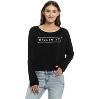 Campus Sutra Women's Black Killin' It Typographic Print Top For Casual Wear | Crew Neck | Long Sleeve | Poly Cotton Top Crafted With Regular Sleeve & Comfort Fit For Everyday Wear