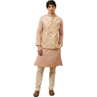 Manyavar Printed Art Silk Nehru Jacket For Men, Sleeveless, Mandarin Collar, Ethnic Wear (Off White/Cream, Xl)