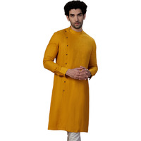 Manyavar Men's Kurta, Full Sleeves Mandarin Collar Ethnic Knee Length Kurta Only, Kurta For Festival, Wedding, Party & Anniversary Linen Mustard