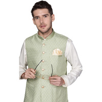 Manyavar Mens Jacket, Nehru Jacket For Men, Ethnic Jacket For Festival, Wedding, Party, Sleevless Jacket Art Silk (Green, S)