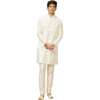 Manyavar Mens Warm White Blended Viscose Self Design Jackets