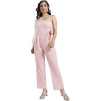 Campus Sutra Women's Pink Solid Jumpsuit With Self-Design Details For Casual Wear | One-Shoulder Neck | Long Sleeve | Tie-Up Closure | Jumpsuit Crafted With Comfort Fit For Everyday Wear (Size:M)