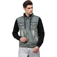 Campus Sutra Men's Grey & Black Light-Wash Denim Jacket With Sweatshirt Sleeve For Casual Wear | Hooded Neck | Long Sleeve | Button Closure | Cotton Jacket Crafted With Comfort Fit For Everyday Wear