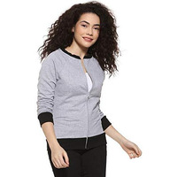 Campus Sutra Women's Light Grey Zip-Front Sweatshirt With Contrast Hem For Casual Wear | Low-High Collar | Long Sleeve | Zipper Closure | Cotton Sweatshirt Crafted With Comfort Fit For Everyday Wear