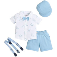 Bumzee Boys Cotton Shirt & Short Set With Bow Suspender With Cap White & Sky Blue - 6-12 Months