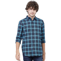Ketch Men's Checkered Slim Fit Shirt (Khsh000068_Navy Blue L)