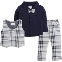 Bumzee Beige & Navy Boys Full Sleeves Shirt Waistcoat & Pant Set With Applique Bow Age - 6-12 Months (Peb8050C-Bge.Nbl)