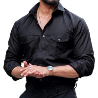 Cb-Colebrook Men's Regular Fit Fancy Two-Pocket Utility Casual Shirt For Men Solid Pocket Button Stylish Full Sleeves - Cargo (Previously Goodthreads) (Large, Black)