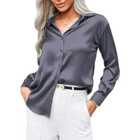 Cb-Colebrook Womens Soft Satin Silk Button Down Shirts For Women Silky Long Sleeve Work Shirt Dress Blouses Tops (In, Alpha, S, Regular, Grey)