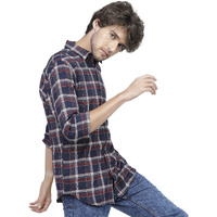 Ketch Cotton Men's Checkered Slim Fit Shirt (Khsh000252_Navy Blue/White L)