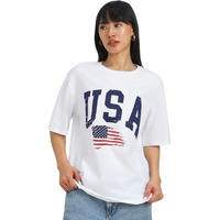 Juneberry Women's Casual Pure Cotton White Printed Round Neck, Longline Drop Shoulder Loose Oversized T-Shirt |Oversized Tshirt For Women/Girl (Gl_Os_Usa_Wt_Xl)