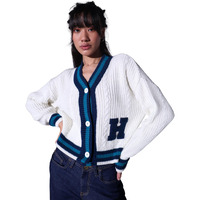 Hubberholme Women White Varsity 100% Acrylic Relaxed Cardigan Sweater Hhwsww23003_Wh_Xxl