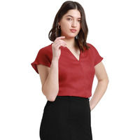 Dennis Lingo Dl Woman Solid Regular Fit V-Neck Short Sleeves Top Red