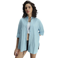 High Star Women Cotton Solid Oversized Fit Shirt (Hswshs23001_Blue 2, Large)
