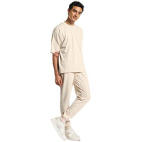 Nobero Men Cotton Blend Solid Sand Oversized Moses - Brown Popcorn Textured Co-Ord Set - Crew-Neck T-Shirt & Joggers Set