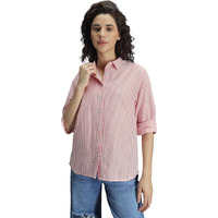 High Star Classic Oversized Vertical Stripes Spread Collar Cotton Casual Shirt Red