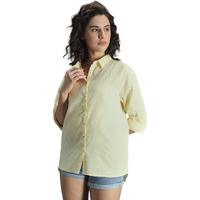 High Star Classic Oversized Vertical Stripes Spread Collar Cotton Casual Shirt Yellow