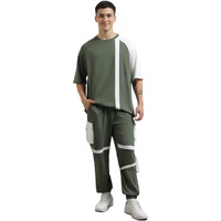 Nobero Cotton Blend Men Printed Colorblock T-Shirt With Joggers, Green, 3Xl