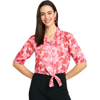 Modeve Women Floral Red Front Knot Top For Summer