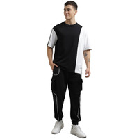 Nobero Men Cotton Blend Solid Colorblock T-Shirt With Joggers, Black, Large