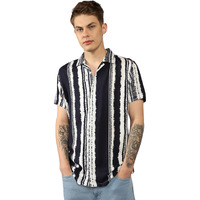 Dennis Lingo Men's Navy | Stripes | Cuban Collar | Half Sleeve | Relaxed Fit Casual Shirt (Dlmshs24080_Nv_Xxl)
