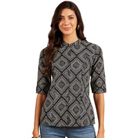 Modeve Black Print Mandarin Collar Cotton Shirt Style Top_X-Large