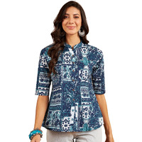 Modeve Ethnic Motifs Printed Mandarin Collar Cotton Shirt Style Top_Small Blue