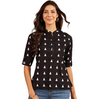 Modeve Black Geometric Printed Mandarin Collar Roll-Up Sleeves Cotton Shirt Style Top_Small