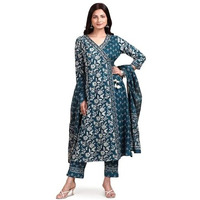 Ishin Indigo Floral Printed Angrakha Tie-Up Kurta With Pants And Printed Dupatta | Kurta Set For Women | Kurta With Trousers And Dupatta