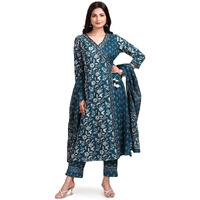 Ishin Indigo Floral Printed Angrakha Tie-Up Kurta With Pants And Printed Dupatta | Kurta Set For Women | Kurta With Trousers And Dupatta