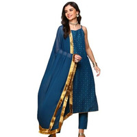 Ishin Embroidered Shoulder Straps Sleeveless Kurta With Trousers & With Dupatta | Kurta Set For Women | Kurta With Trousers And Dupatta