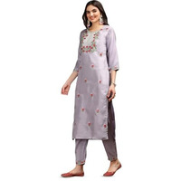 Ishin Floral Embroidered Thread Work Silk Chiffon Straight Kurta With Trousers & Dupatta | Kurta Set For Women | Kurta With Trousers And Dupatta
