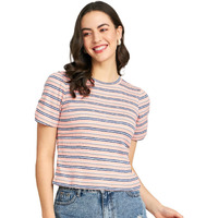Modeve Women Horizontal Stripes Puff Sleeves Ruched Detail Top For Summer_Peach_X-Large