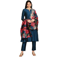 Ishin Navy Blue Notched Neck A-Line Kurta With Trousers & Dupatta | Kurta Set For Women | Kurta With Trousers And Dupatta
