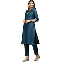 Ishin Notch Neck Thread Work Silk Crepe Straight Kurta With Trousers & Dupatta | Kurta Set For Women | Kurta With Trousers And Dupatta