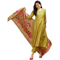 Ishin Mustard A-Line Kurta Set With Printed Floral Dupatta | Kurta Set For Women | Kurta With Trousers And Dupatta